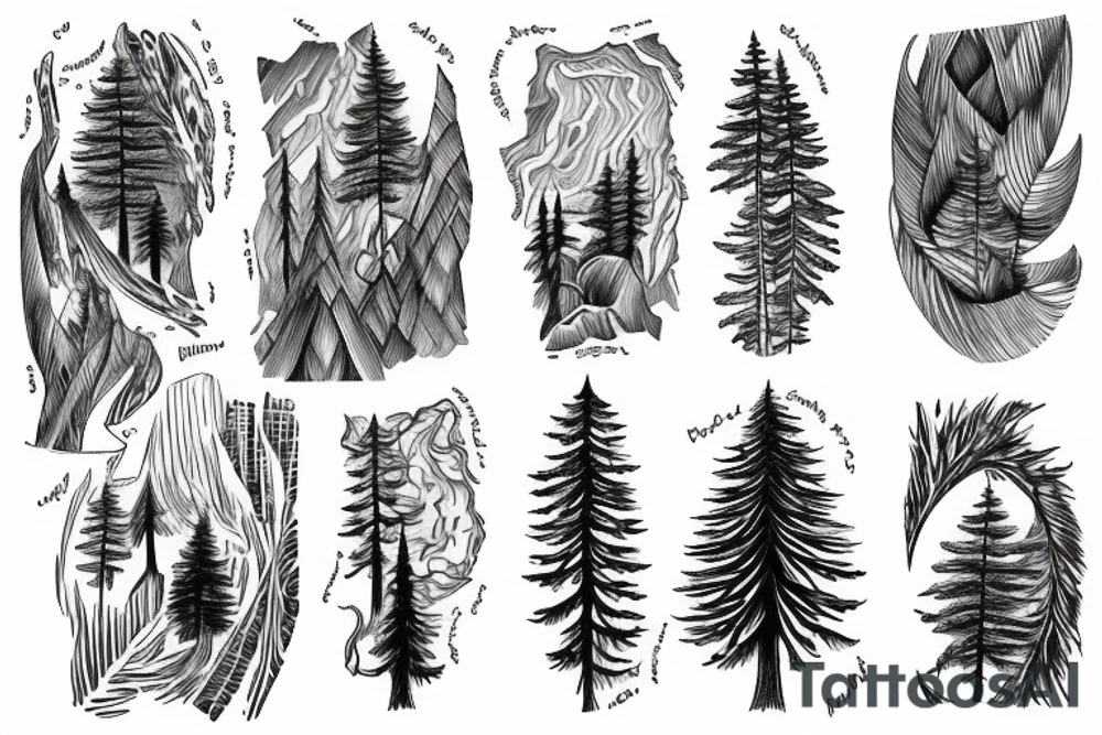 Waterfall into river pine trees tattoo idea