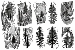 Waterfall into river pine trees tattoo idea
