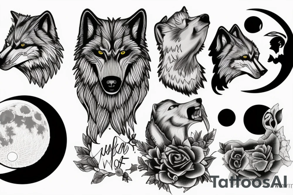 full moon split in two, the first half is the moon and the other is the head of a wolf tattoo idea