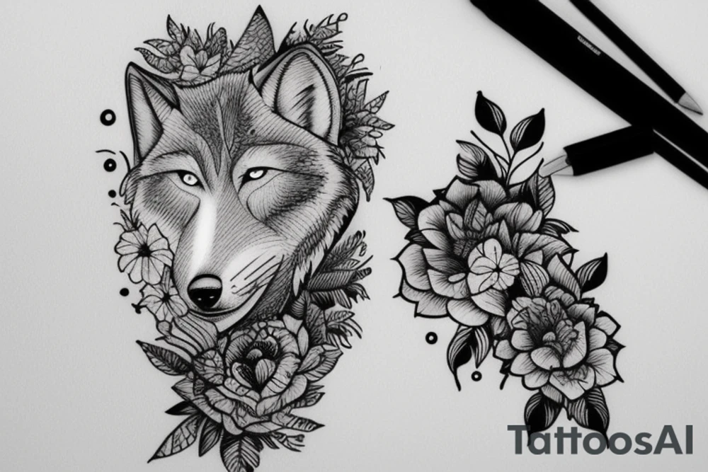 full moon with a wolf, capucine flower and cat tattoo idea