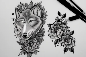 full moon with a wolf, capucine flower and cat tattoo idea