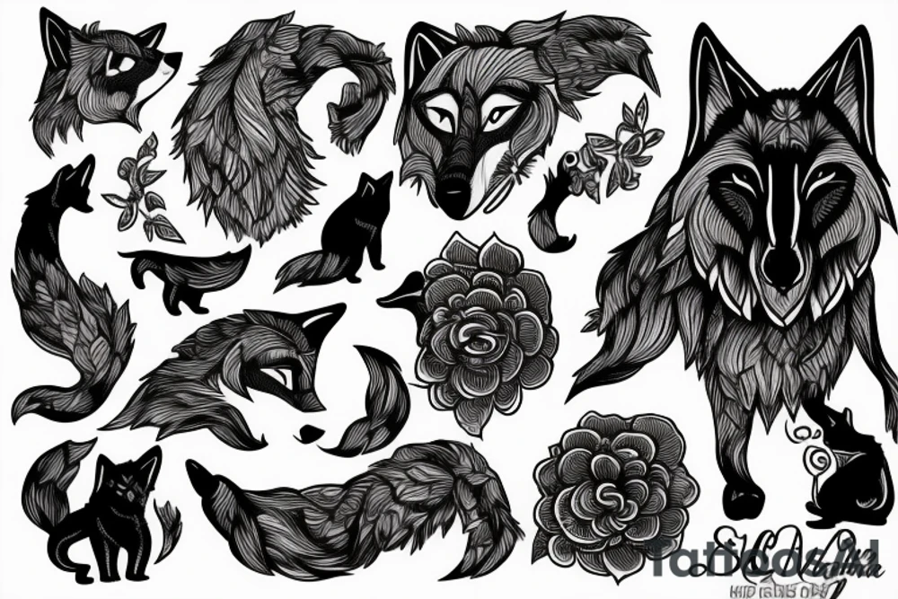 full moon with a wolf, capucine flower and cat tattoo idea