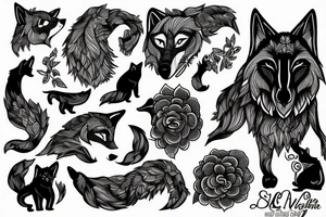 full moon with a wolf, capucine flower and cat tattoo idea