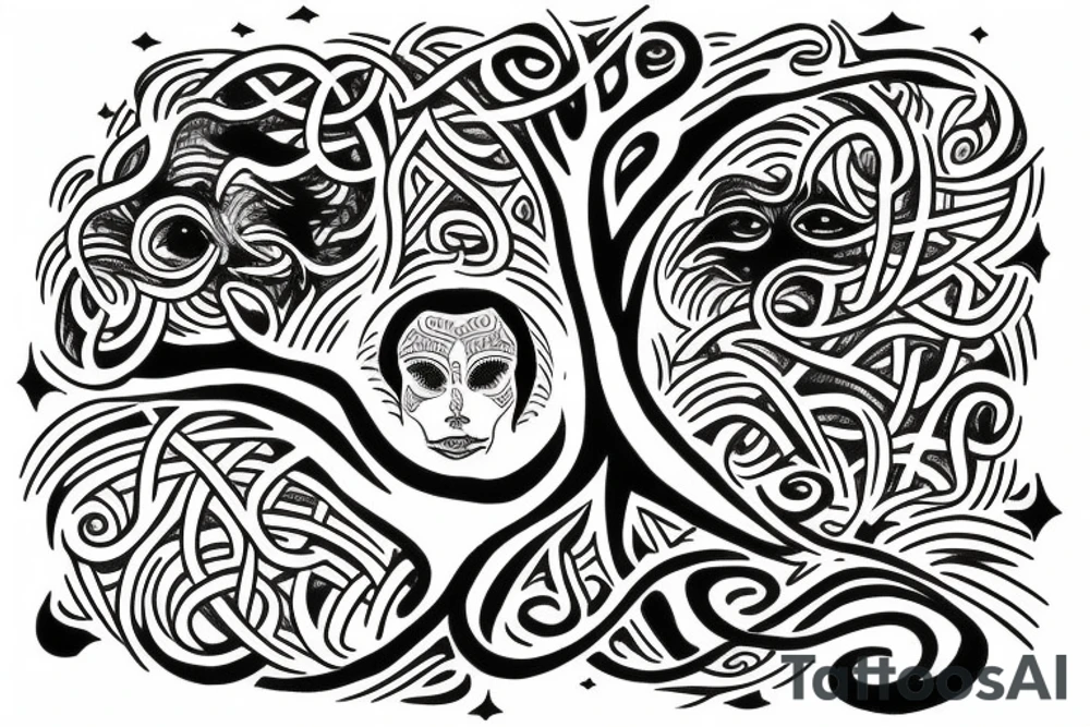 Human face over tree of life connected to the universe tattoo idea