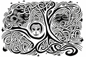 Human face over tree of life connected to the universe tattoo idea