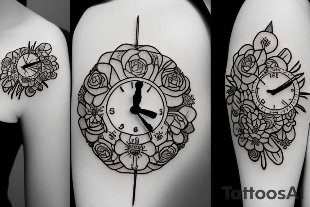 a clock with flower inside tattoo idea