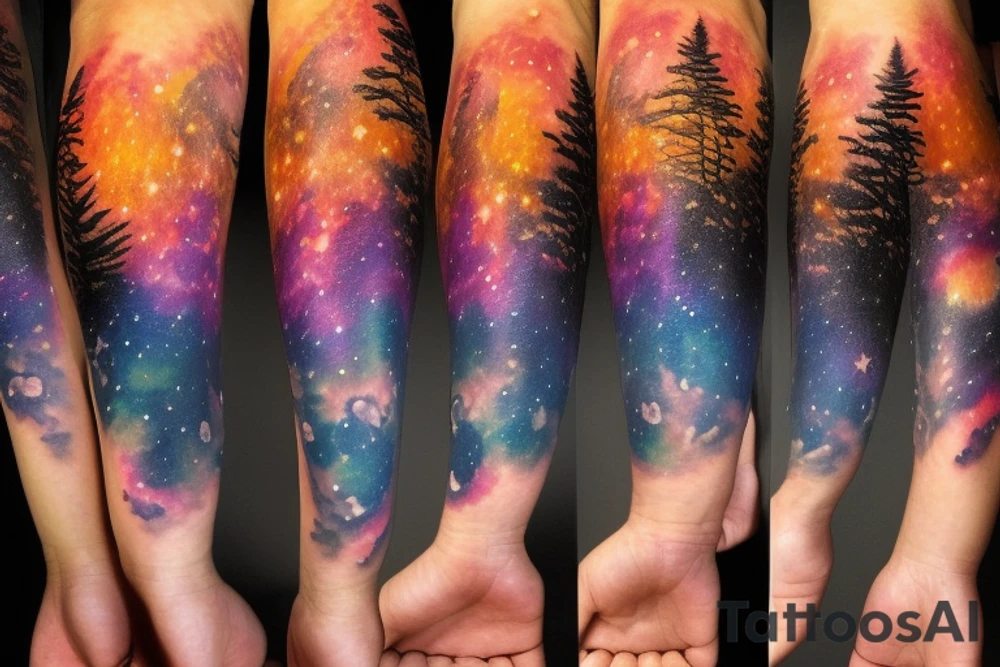 Sunset behind a forest in a galaxy tattoo idea