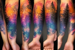 Sunset behind a forest in a galaxy tattoo idea