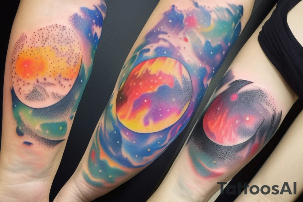 Sunset behind a forest in a galaxy tattoo idea