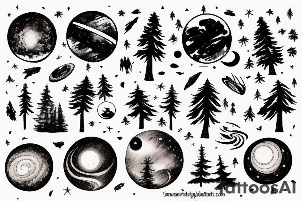 Sunset behind a forest in a galaxy tattoo idea