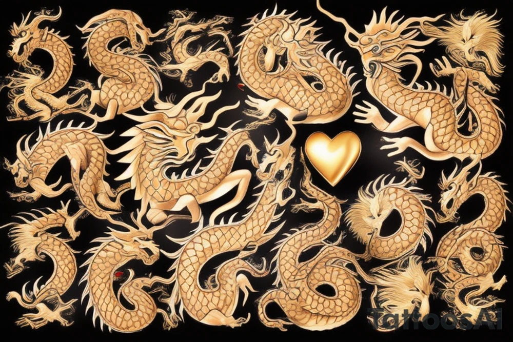 Golden dragon with hearts tattoo idea