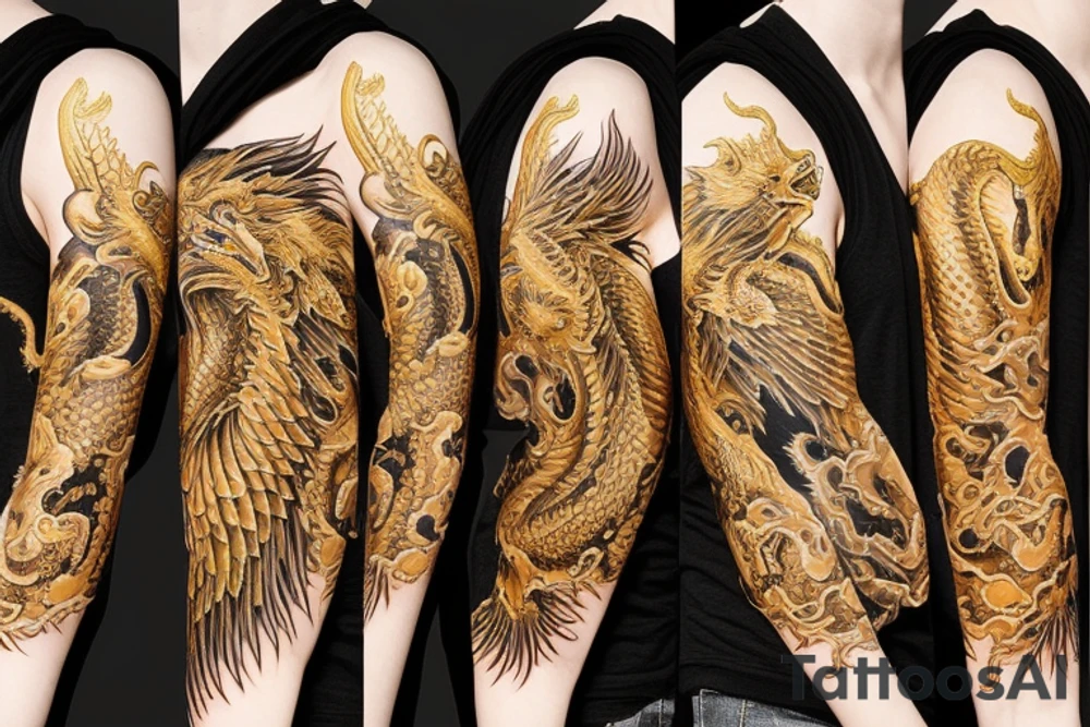 Golden dragon in love with Golden eagle tattoo idea