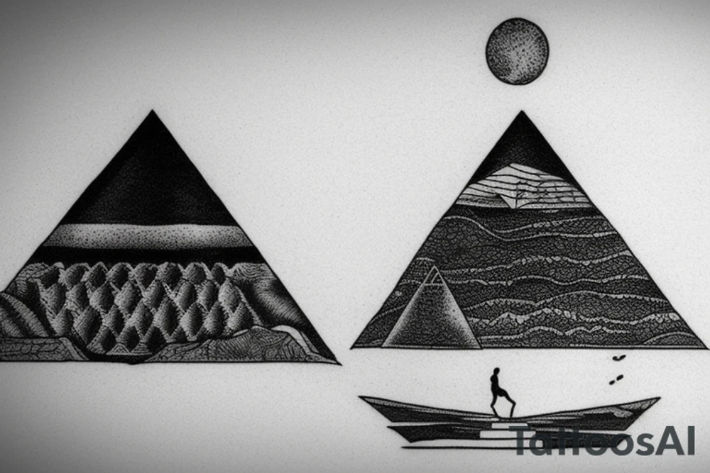 an epic tatoo of the pyramid with a traveller walking on the sand tattoo idea