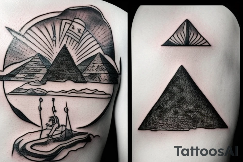 an epic tatoo of the egyptian pyramid with a traveller walking on the sand tattoo idea