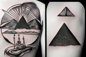 an epic tatoo of the egyptian pyramid with a traveller walking on the sand tattoo idea