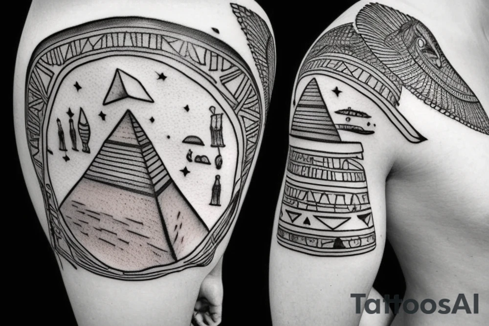 an epic tatoo of the egyptian pyramid with a traveller walking on the sand tattoo idea