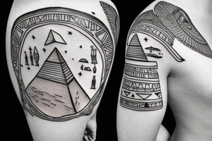 an epic tatoo of the egyptian pyramid with a traveller walking on the sand tattoo idea