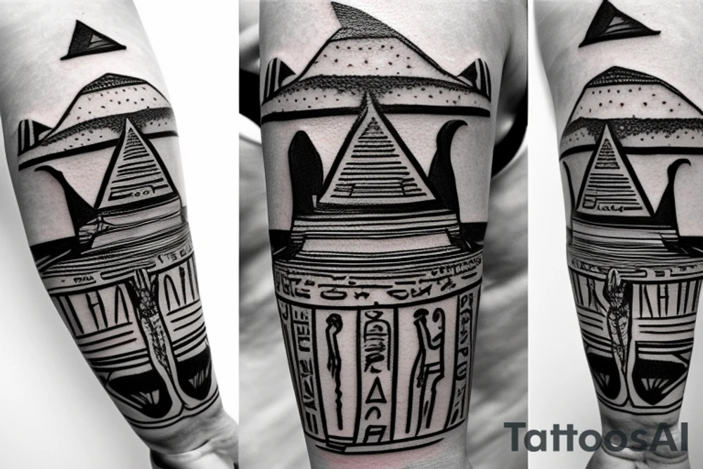 an epic tatoo of the egyptian pyramid with a traveller walking on the sand tattoo idea