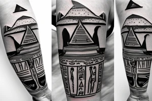 an epic tatoo of the egyptian pyramid with a traveller walking on the sand tattoo idea