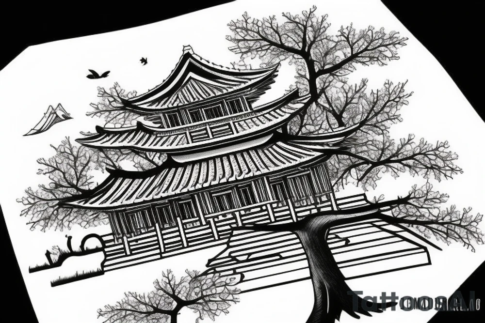 Traditional Korean style building with a tree in the background is in a diamond border tattoo idea