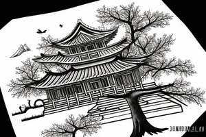 Traditional Korean style building with a tree in the background is in a diamond border tattoo idea