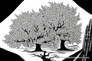 Traditional Korean style building with a tree in the background is in a diamond border tattoo idea