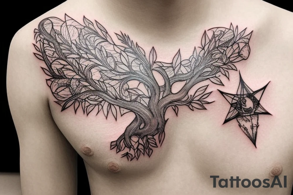 Diamond shaped tattoo, that has a traditional Korean style building with a tree in the background tattoo idea