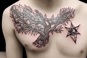 Diamond shaped tattoo, that has a traditional Korean style building with a tree in the background tattoo idea