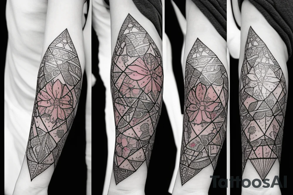 Diamond shaped forearm tattoo, that has a traditional Korean building with a cherry blossom tattoo idea