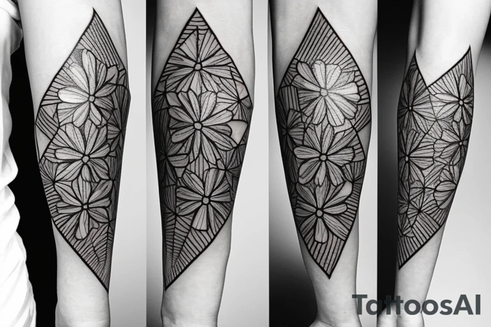 Diamond shaped forearm tattoo, that has a traditional Korean building with a cherry blossom tattoo idea