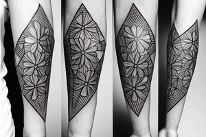 Diamond shaped forearm tattoo, that has a traditional Korean building with a cherry blossom tattoo idea