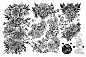 Fine line tattoo that has a traditional Korean building with a cherry blossom tattoo idea