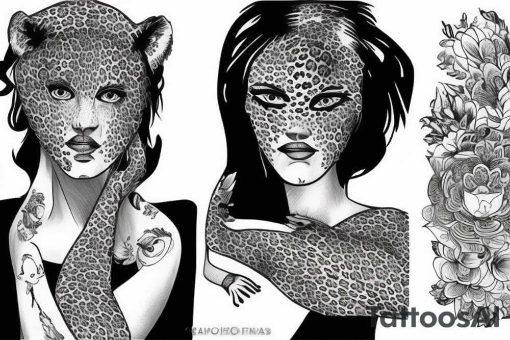 Lady sitting facing to the left with a leopard on her right side tattoo idea