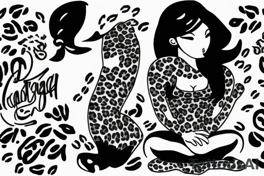 Lady sitting facing to the left with a leopard on her right side tattoo idea
