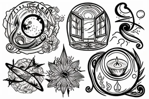 window with the night sky outside and a burning candle on the window sill tattoo idea