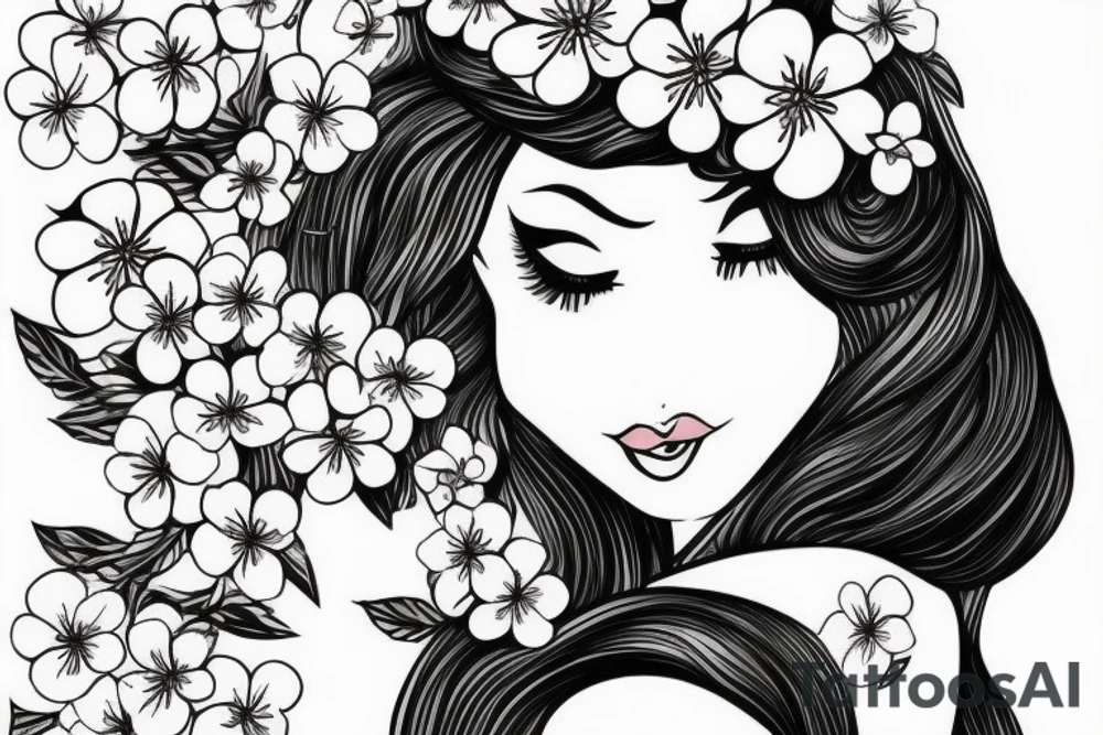 Sleeping beauty with cherry blossom flowers in her hair. tattoo idea