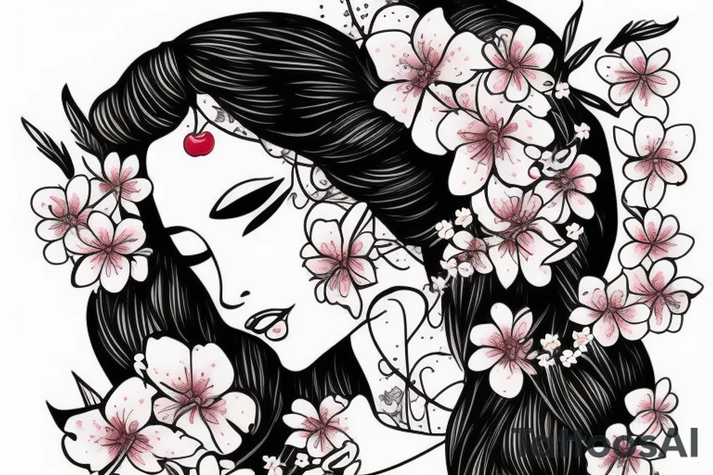 Sleeping beauty with cherry blossom flowers in her hair. tattoo idea