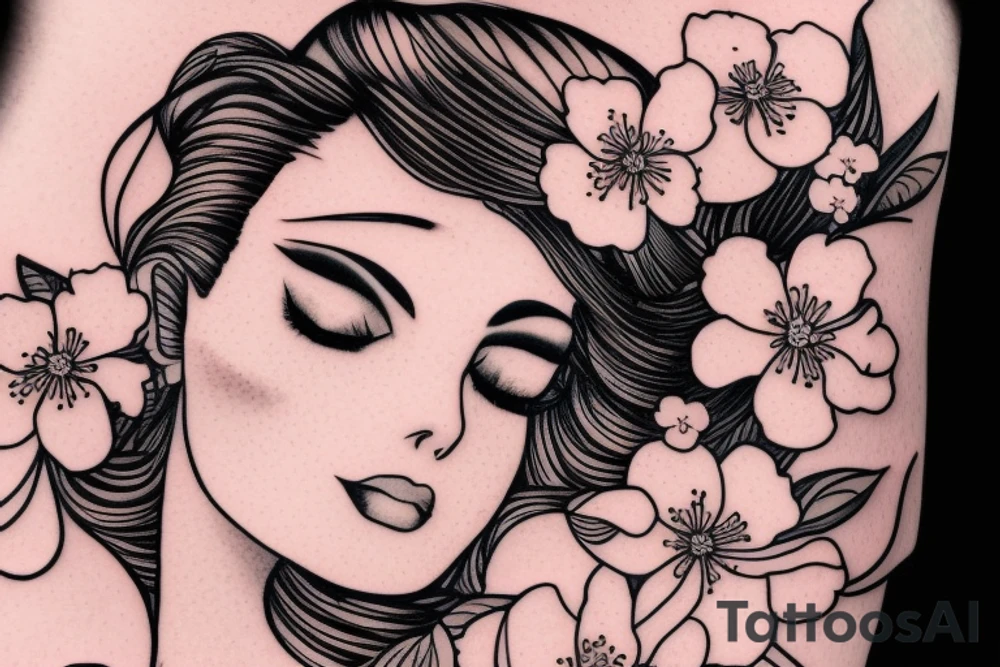 Sleeping beauty with cherry blossom flowers in her hair. tattoo idea