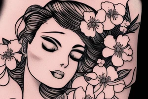 Sleeping beauty with cherry blossom flowers in her hair. tattoo idea