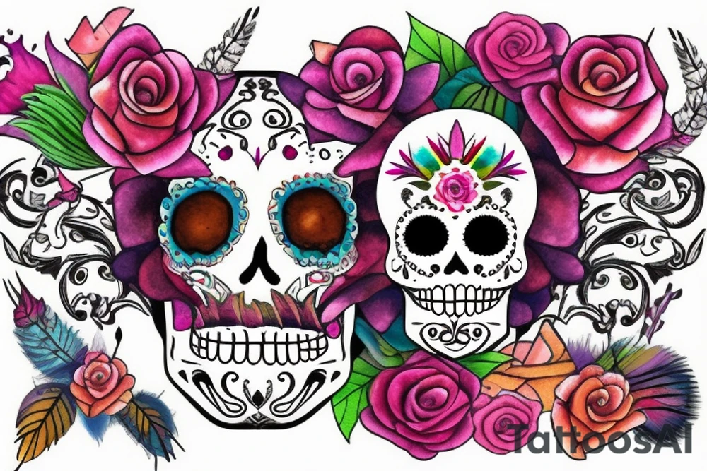 sugar skull made of flowers and feathers tattoo idea