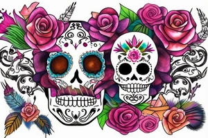 sugar skull made of flowers and feathers tattoo idea