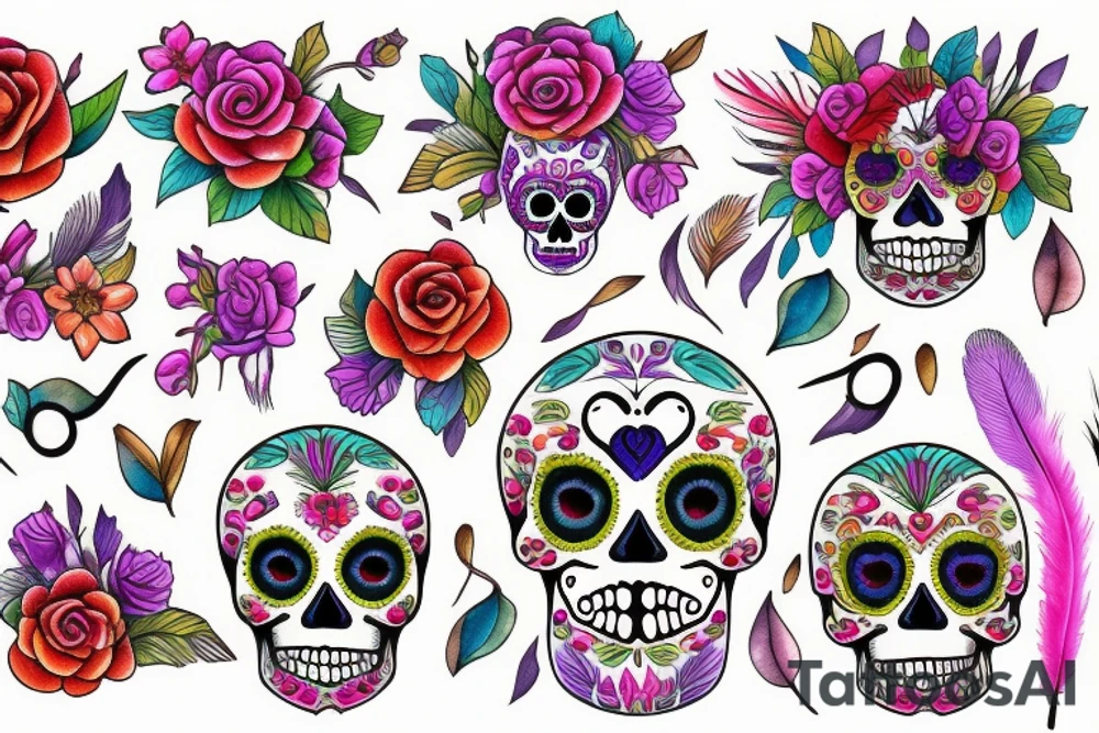 sugar skull made of flowers and feathers tattoo idea