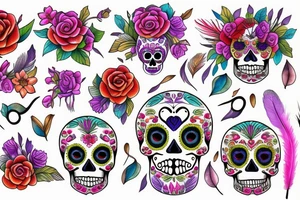 sugar skull made of flowers and feathers tattoo idea