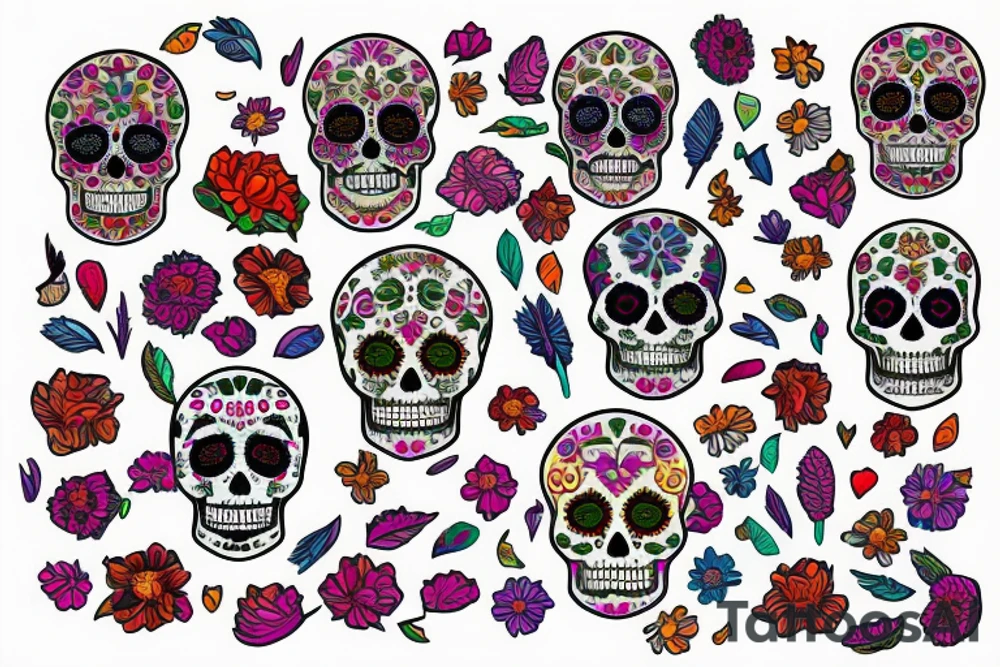 sugar skull made of flowers and feathers tattoo idea