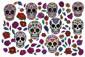 sugar skull made of flowers and feathers tattoo idea