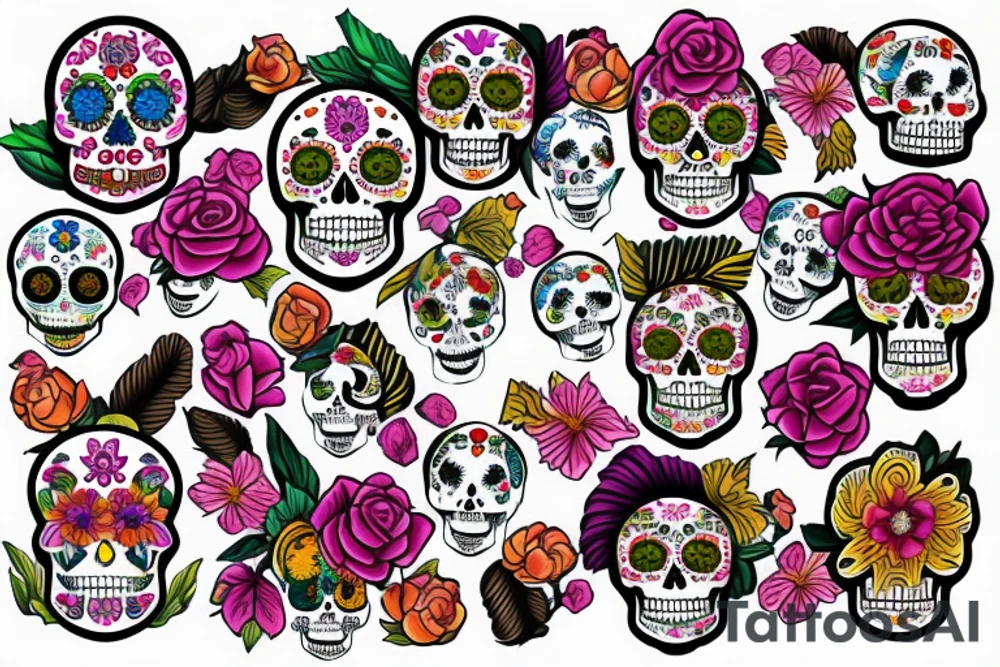 sugar skull made of flowers and feathers tattoo idea