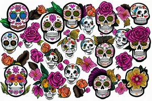sugar skull made of flowers and feathers tattoo idea