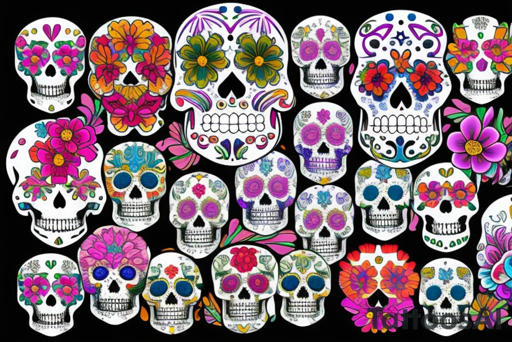 feathers and flowers creating a sugar skull tattoo idea
