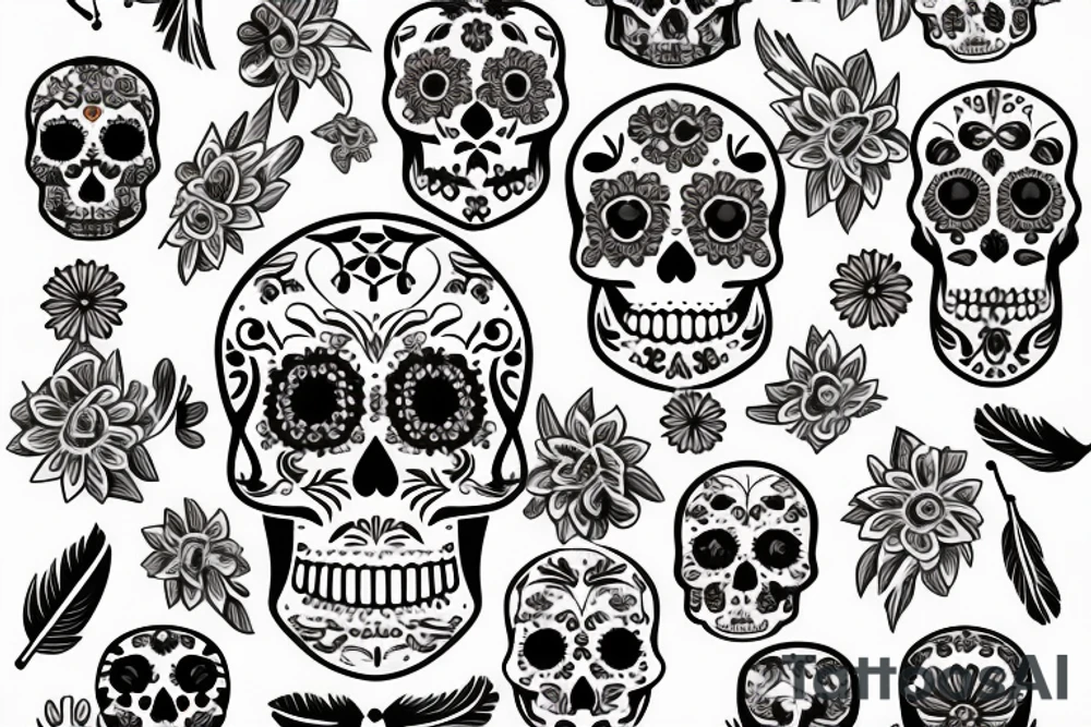 feathers and flowers creating a sugar skull tattoo idea