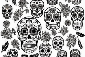 feathers and flowers creating a sugar skull tattoo idea